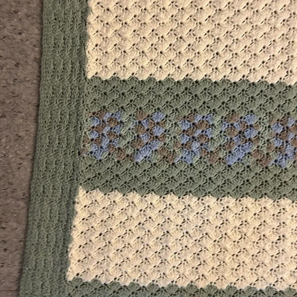 Handmade Crochet Afghan Lap/sofa Blanket 38 x 70” Green Cream Blue Brown